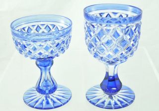 2 Antique Blue Overlay Cut Glass Wine Glasses Stems
