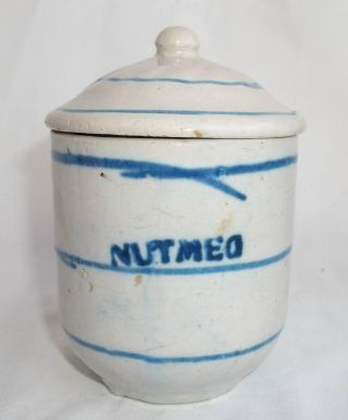 Antique Blue Decorated Salt Glaze Stoneware Nutmeg Spice Jar Canister Swirl
