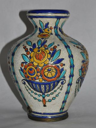 Vtg.  Boch Freres Charles Catteau Flower Basket Lamp Base Vase 8 " Tall Art Deco