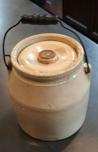 Antique 1/2 Gallon Stoneware Crock W/lid,  Wire & Wood Handle Patented Feb 1896