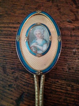 Antique Hand Mirror Blue Guilloche Enamel Gold Portrait Painting