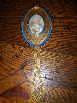 Antique Hand Mirror Blue Guilloche Enamel Gold Portrait Painting 2