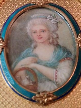 Antique Hand Mirror Blue Guilloche Enamel Gold Portrait Painting 3