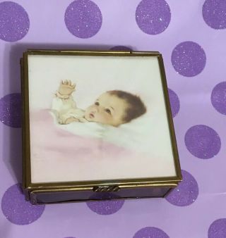 Vintage Bessie Pease Gutmann Baby Awakening Print Brass Mirrored Trinket Box