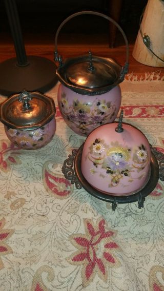 Three Piece Victorian Pink Satin Glass Butter Dish,  Biscut Jar