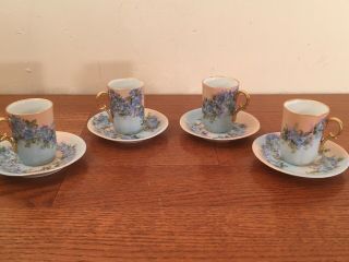Set 4 Antique Hp Forget Me Knot Floral Demitasse / Chocolate Cup & Saucers