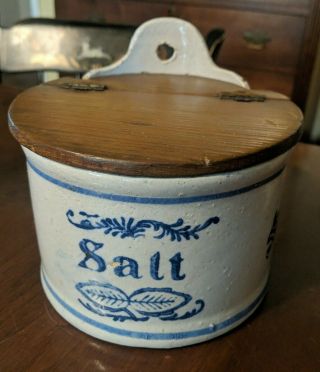 Antique Hanging Salt Box American Stoneware Blue Stencil Wood Cover