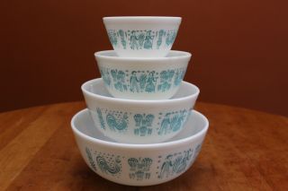 Vintage Pyrex Turquoise Amish Butterprint Nesting Mixing Bowls 401 402 403 404