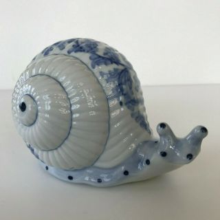 Andrea By Sadek Blue And White Porcelain Snail Coin Bank Leaf Pattern Polka Dot