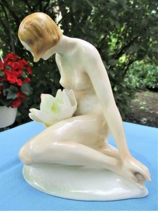Karl Ens Volkstedt nude w water lily art deco statue figurine Porcelain Germany 2