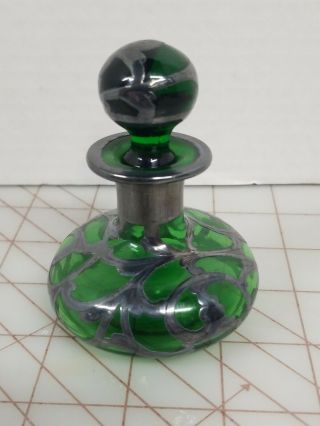 Antique Green Glass With Sterling Silver Overlay Perfume Scent Bottle