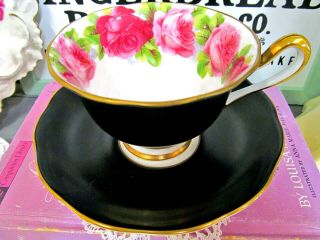 Royal Albert Tea Cup And Saucer Black & Pink Rose Teacup England 1940 