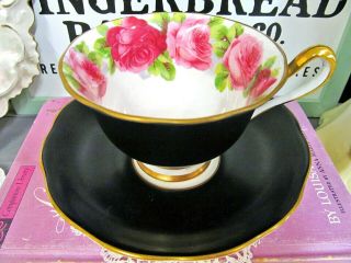 ROYAL ALBERT tea cup and saucer black & pink rose teacup ENGLAND 1940 ' s MATTE 2