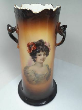 Antique Warwick Ioga Victorian Lady Portrait Vase Handles Porcelain Brown 10.  5 "