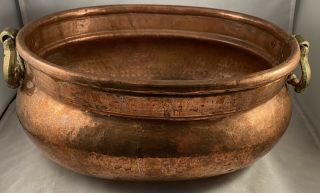 Antique Vintage Hammered Copper Brass Handles Wide Planter Pot Cauldron