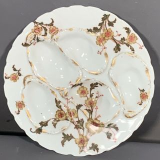 Antique French Limoges Old Flower Litho Floral Porcelain Nautical Oyster Plate