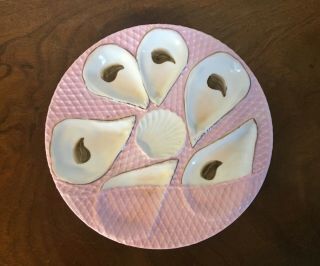 Antique French Porcelain Oyster Plate Pink White Relief Molded Scallop Paris 2