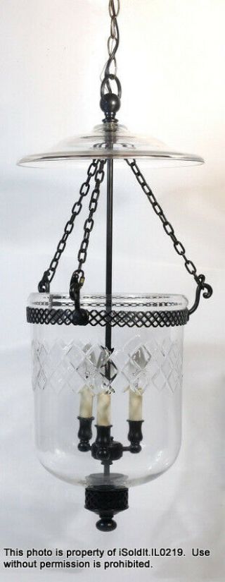 Bell Jar Lantern Electric Hanging Light Diamond Cut Glass Pattern,  Black Metal