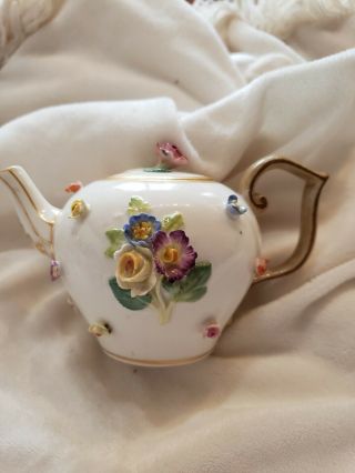 Vintage Meissen Porcelain Mini Teapot With Encrusted Flowers Marked