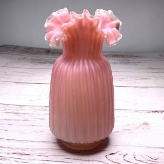 Antique Victorian Hand Blown Cased Glass Vase With Ruffled Rim Signed Pink 7”