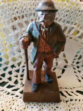 Vintage Hand Carved Wooden Old Man Walking Stick Cane Accordion Figurine Statue