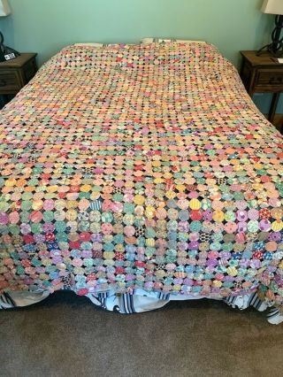 Antique Yoyo Quilt 89 " X75 " Coverlet Hand Sewn Queen Size 1930s Vintage