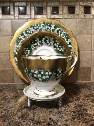 Vtg Queen Anne Bone China Teacup Saucer Set Gold Lily Of The Valley England