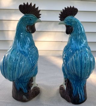 Antique Ceramic Rooster Cock Chicken Figurine Blue Glaze