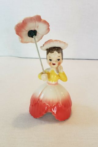 Vintage 1959 Napco Flower Petal Girl Figurine Holding Parasol Matching Hat Red