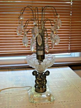 Vintage Cherubs Glass Lamp Cascading Waterfall Crystals Prisms