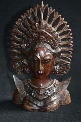 Vintage Hindu Goddess Hand Carved Wood Bust Of A Woman Crownedeast Indian? 8 " X5 "