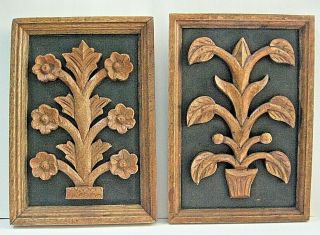 Mid Century Modern Wood Hand Carved Flower & Plant Art Wall Hanging Sculptures