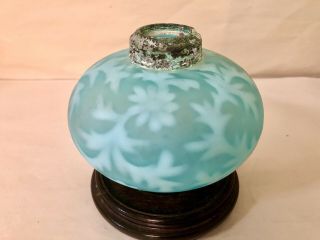 French Art Nouveau Floral Pattern Blue Vaseline Glass Globe Oil Lamp Font Shade 2