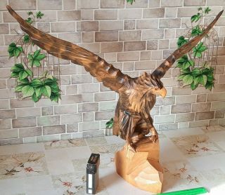 Vintage Eagle Falcon Hawk Ussr Hand Carved Wood Figure H = 17.  7 " Inch