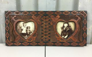 Antique Hand Carved Wooden Sweetheart Photo Frame - Nautical Folk Art C.  1900
