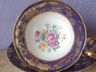 Vintage England Pink Rose Blue And Gold Bone China Tea Cup Teacup And Saucer