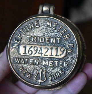 Antique Steampunk Brass Neptune Meter Co.  York Trident Water Meter Cover