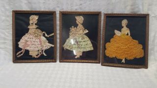 3 Vintage Satin Ribbon Lace Victorian Lady Framed Picture Paper Doll Art 1920 
