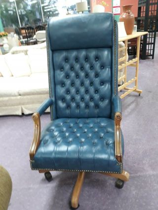 Vintage High Back Blue Leather Tufted Studded Executive Office Chair Paoli Usa