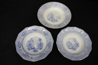 C.  1850 3 Antique Staffordshire Ironstone Blue Transferware Bowls 