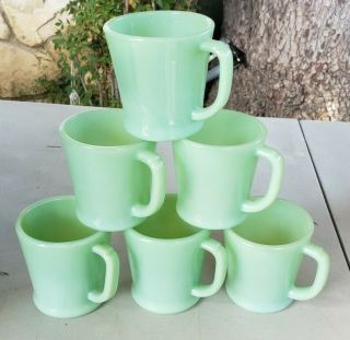 Set Of 6 Vintage Jadeite Fire King Green Glass D Handle Coffee Cups Mugs