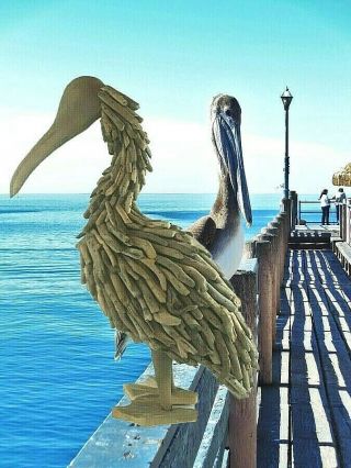 Vintage Large Tall Hand Carved Wooden Pelican Coastal Water Bird Statue Figure