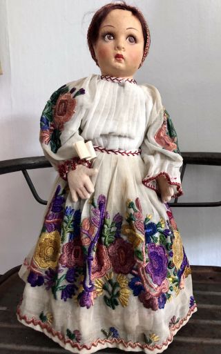 Antique 14 " Lenci Felt Doll Jugo - Slavia Embroidered Peasant Dress Brown Eyes Vtg