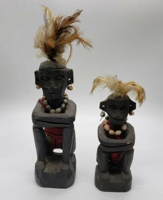 Set Of 2 Wood Carved Ifugao Bulul Philippines Rice God Figures,  6.  25 " And 4.  75 "