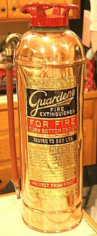Rare Antique Vintage " Guardene " Copper Brass Fire Extinguisher - Polished Restored
