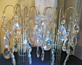 Pr Hollywood Regency Vtg 2 Gold Waterfall Cascading Lamp Shades Crystal Prisms
