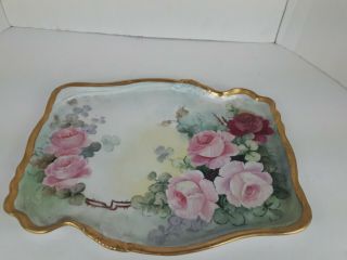 Vintage Vanity Dresser Tray Floral Hand Painted Pink Roses Flowers Porcelain