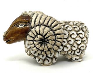 4 - 1/2” Ceramic & Enamel Ram W/curly Horns Figurine,  Artesania Rinconada,  Uruguay
