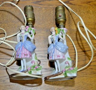 Antique German Art Deco Lady Porcelain Lamp Figurine Set (2)