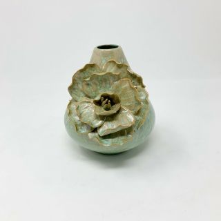 Small Green And Gold Rustic Teardrop Vase With Flower
